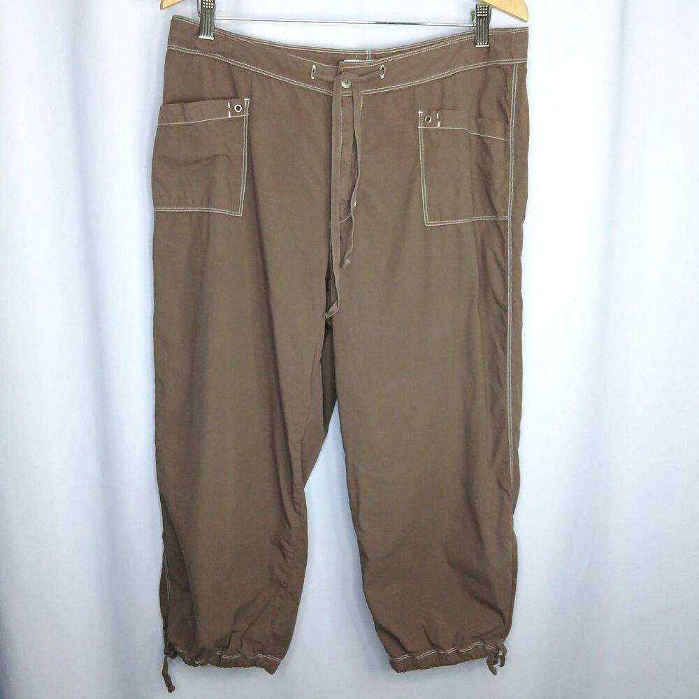 Fresh Produce Capris Cropped Pants Drawstring Pockets Cotton Brown Womens Large